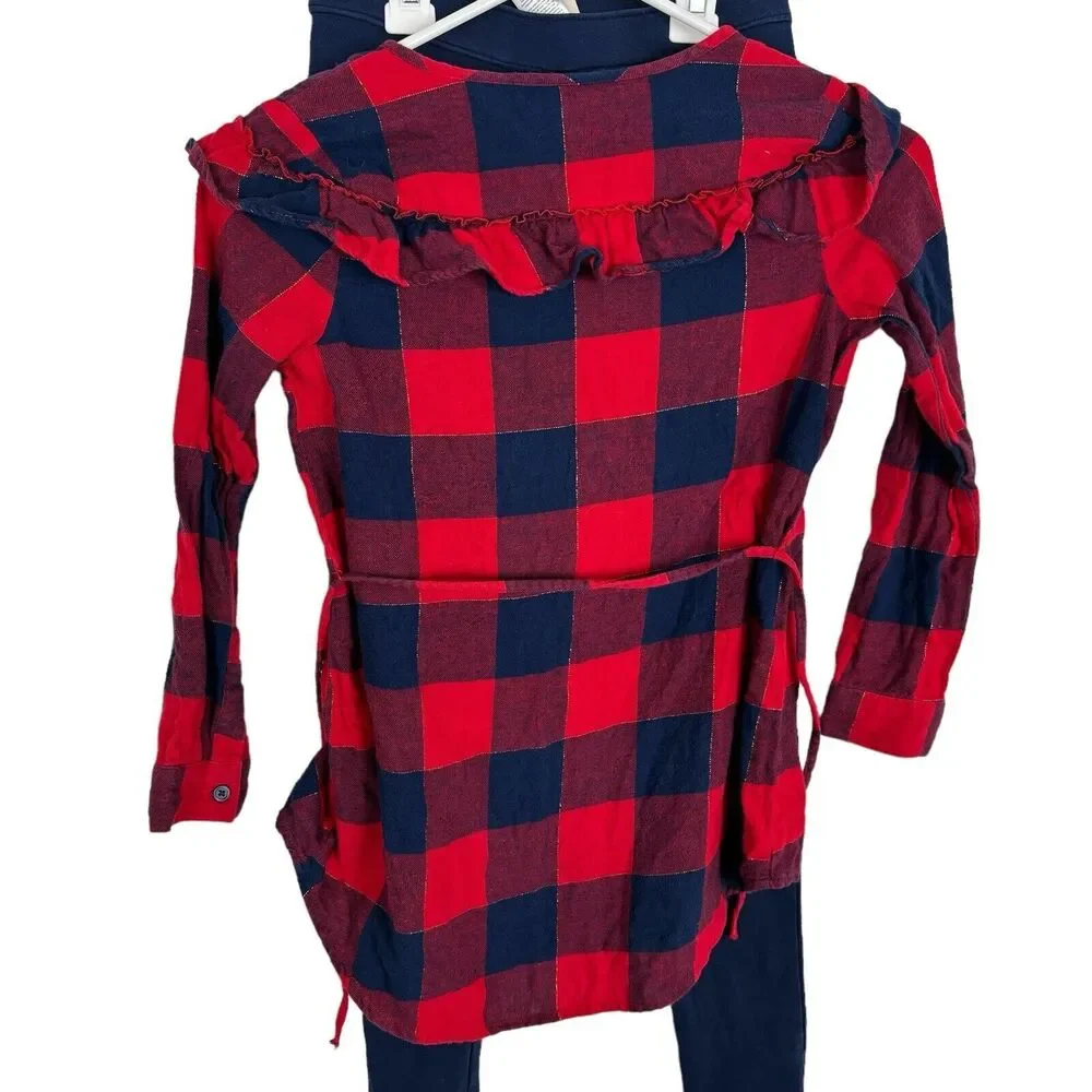 Oshkosh B'gosh Navy Red Plaid Button Down Belted Tunic and Leggings Girls 7